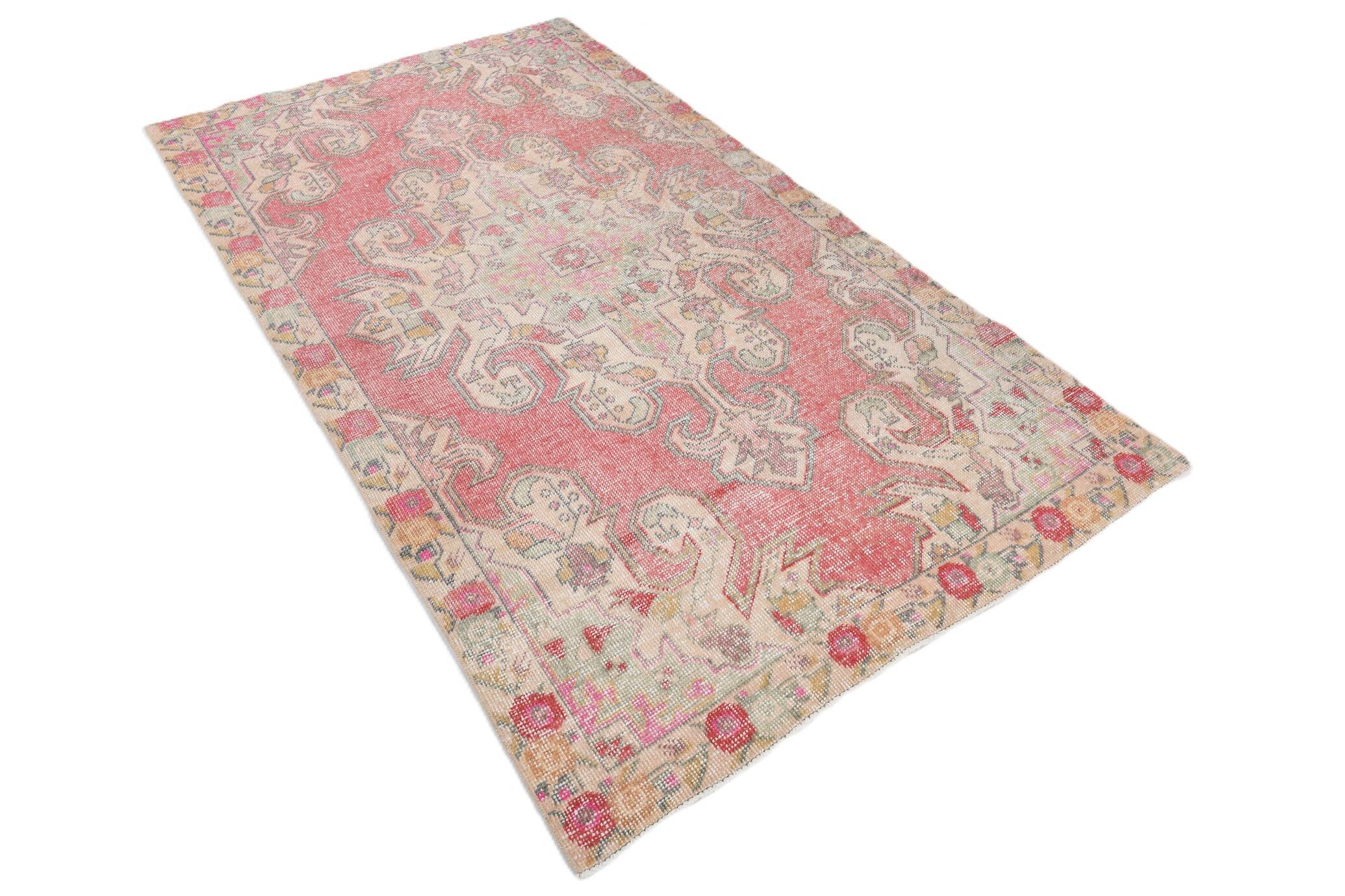 4x7 Vintage Small Size Area Faded Coral Red Turkish Vintage Rug, 127x223 Cm