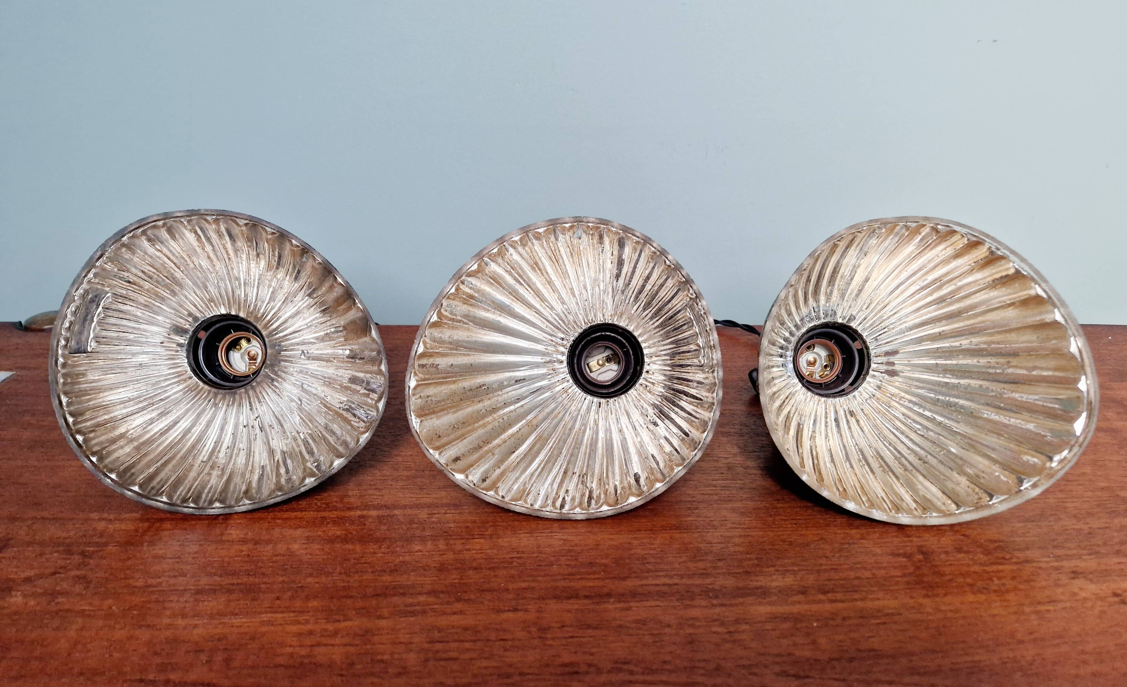 Set of 3 industrial mercury glass pendant lights, GAL (France), 1930s