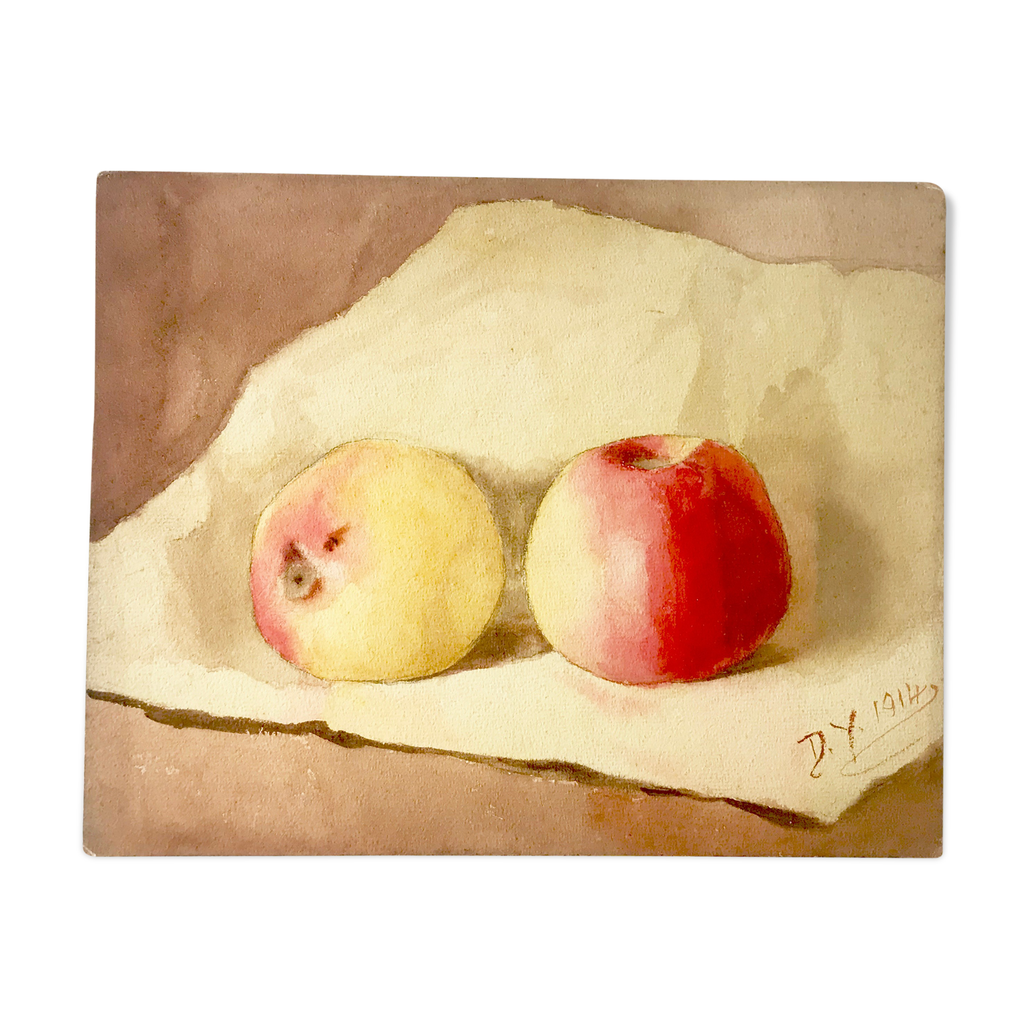 Ancient pochade on cardboard depicting a still life with apples