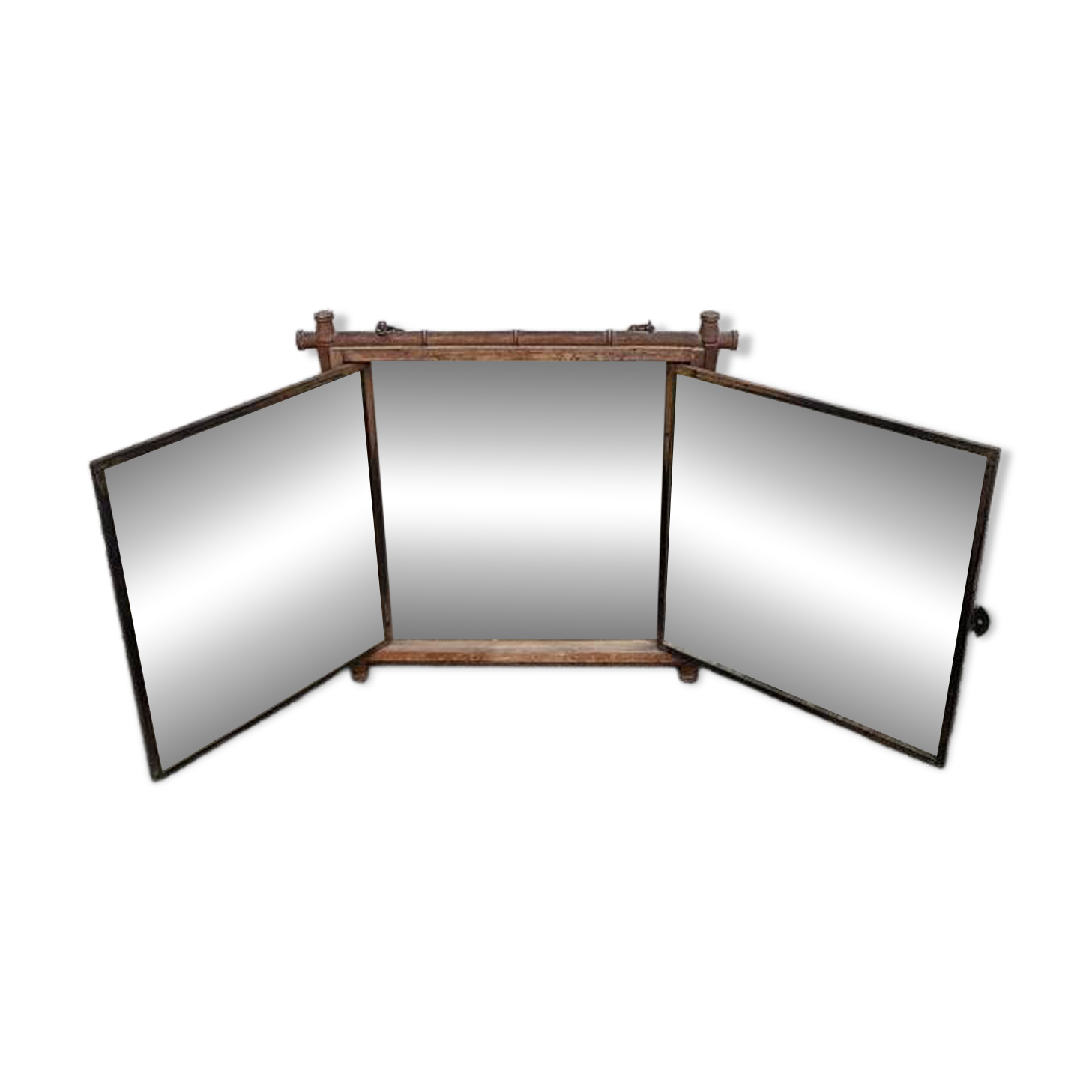 Antique Asian decorative triptych mirror with chain wall decoration in wood.