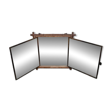Antique Asian decorative triptych mirror with chain wall decoration in wood.
