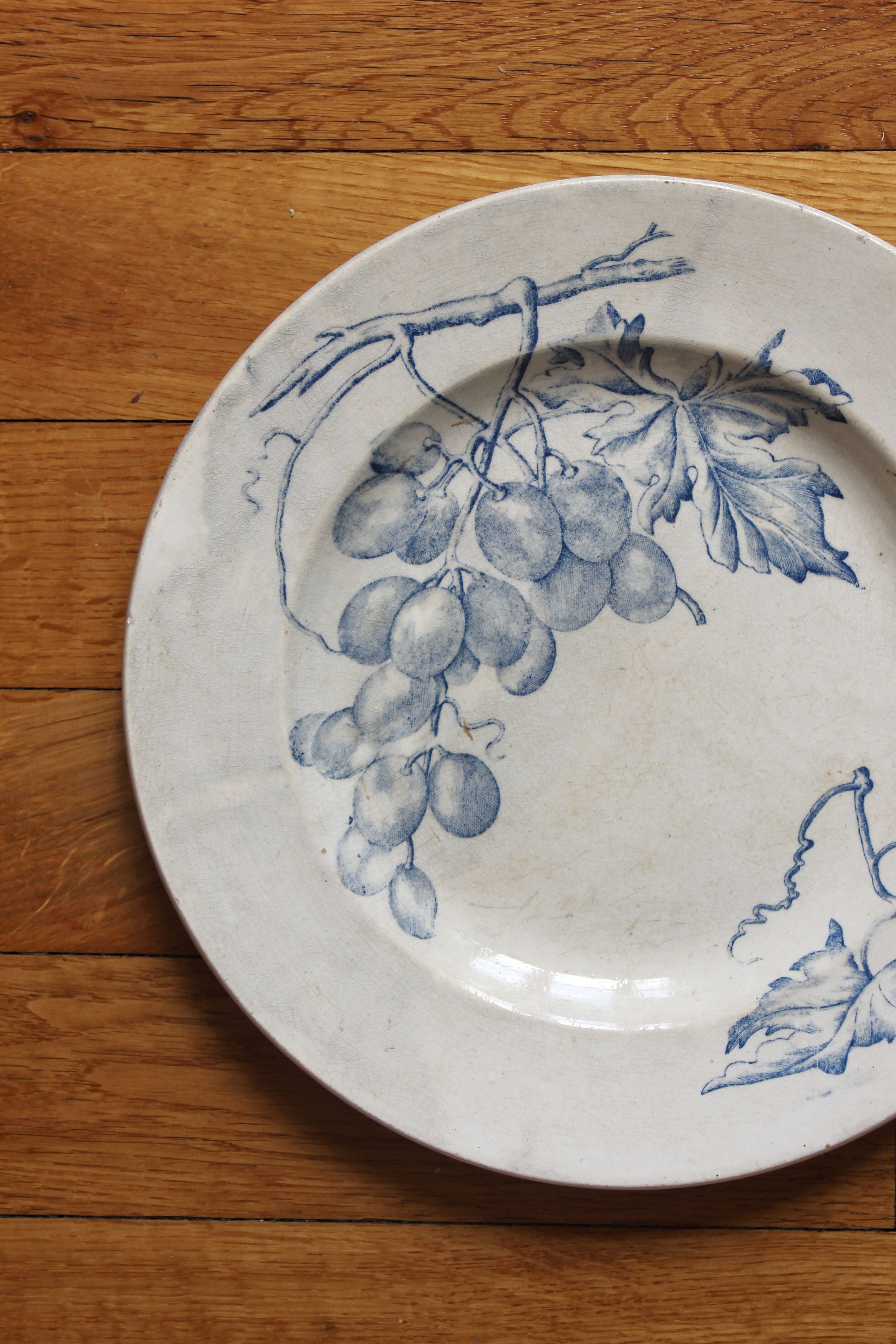 Round ironstone dish decorated with vines and grapes, late 19th-early 20th century