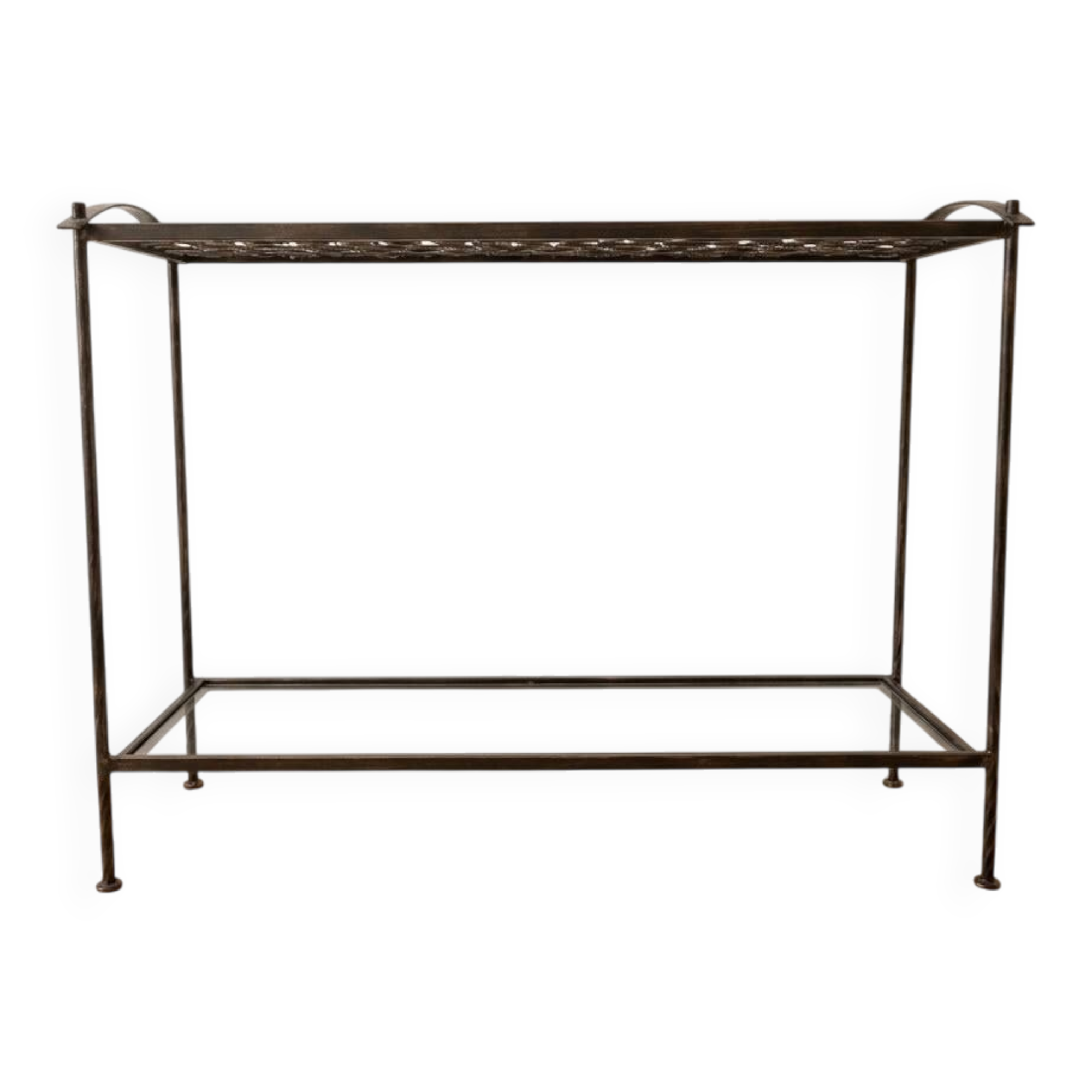 Wrought iron industrial console and glass tops