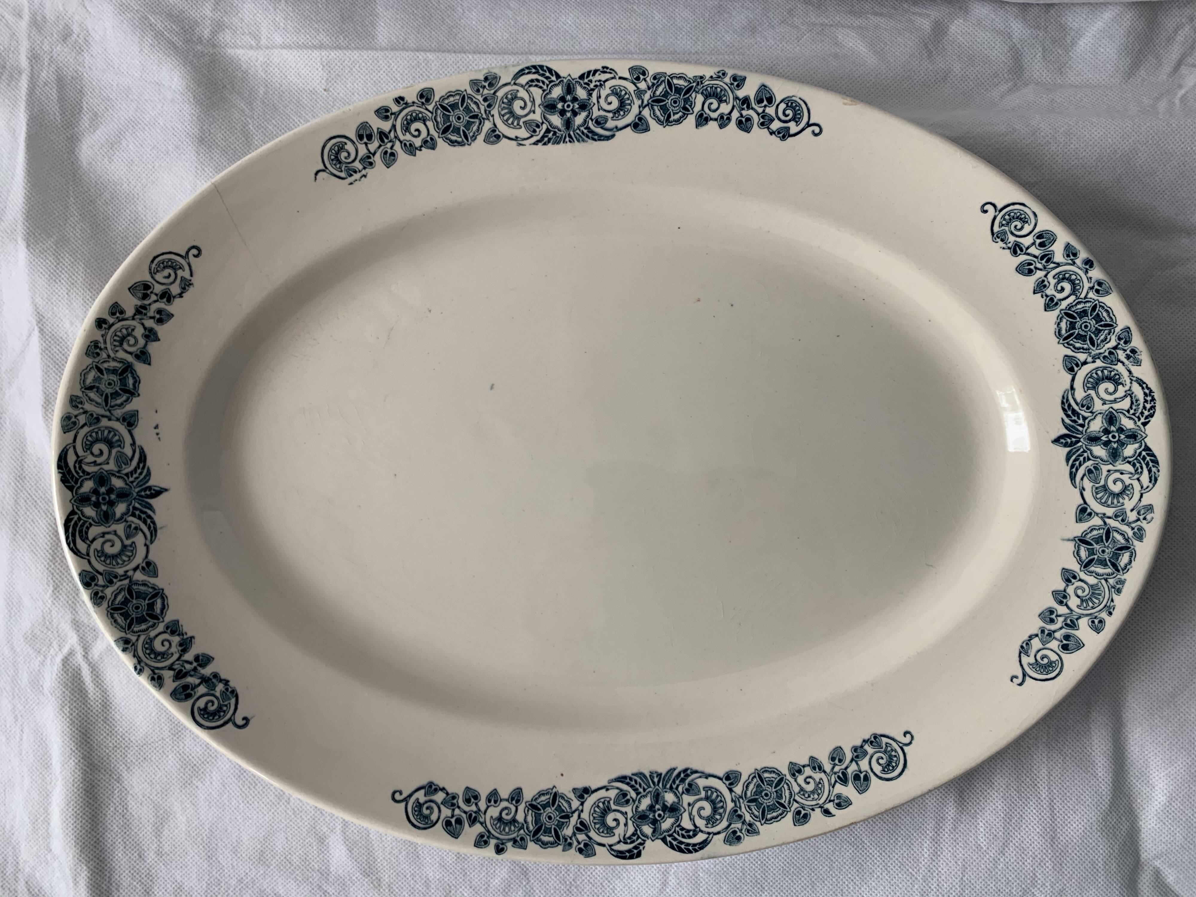 4 blue and white service dishes Alesia Longchamp Iron Land early 20th century