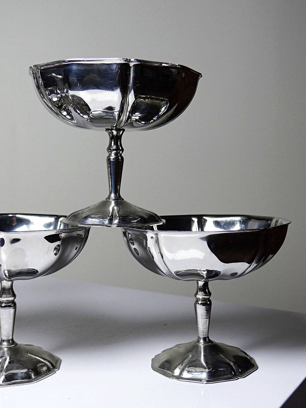 5 vintage bistro-style stainless steel dessert bowls on stands