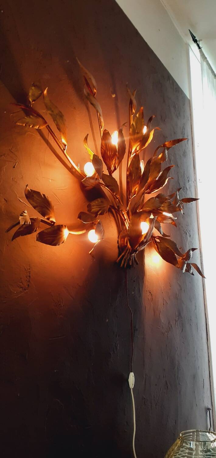 Monumental Vintage Wall Lamp with Golden Leaf Decor by Hans Kögl, 1960s