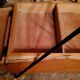 Sewing box from the 50s in wood and black metal