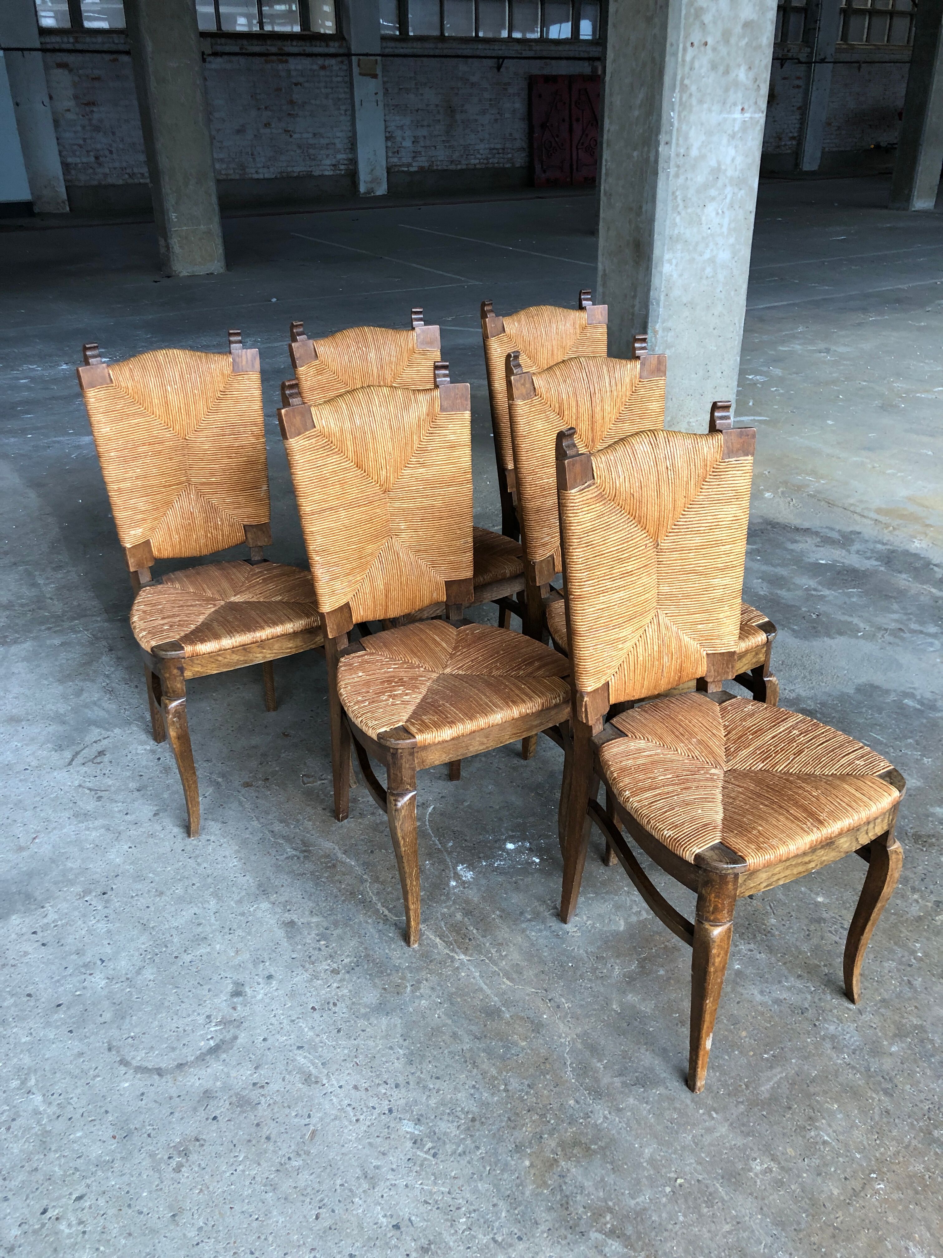 Dining chairs with rush made of oak wood, France 1950s, Set of 6