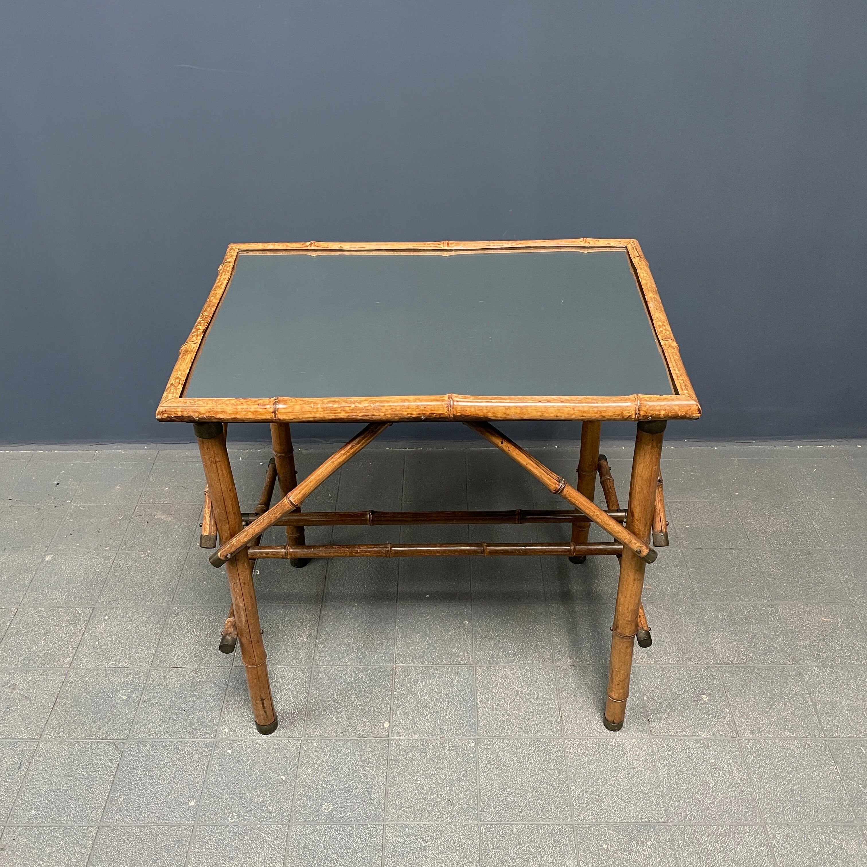 Bamboo side table with mirror top from France, 1940s