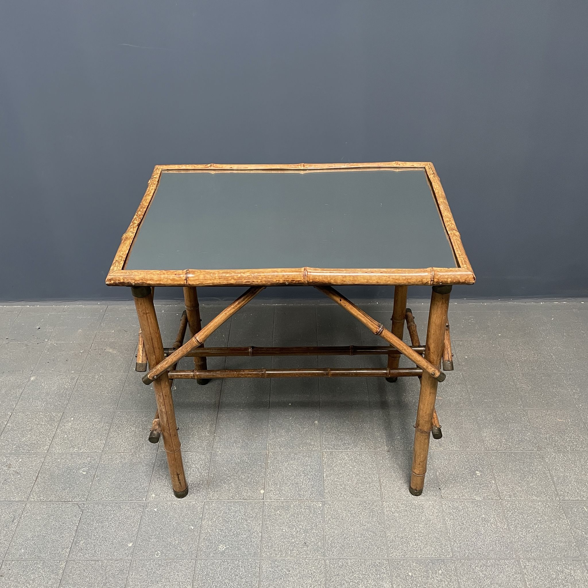 Bamboo side table with mirror top from France, 1940s