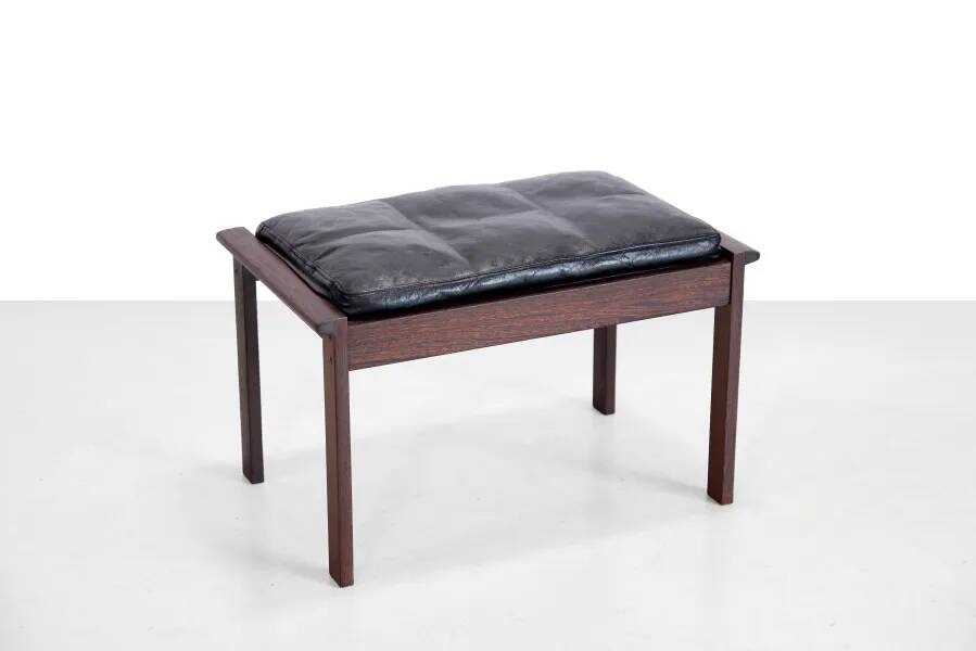 Footstool in solid wenge wood with black leather cushion, 1960