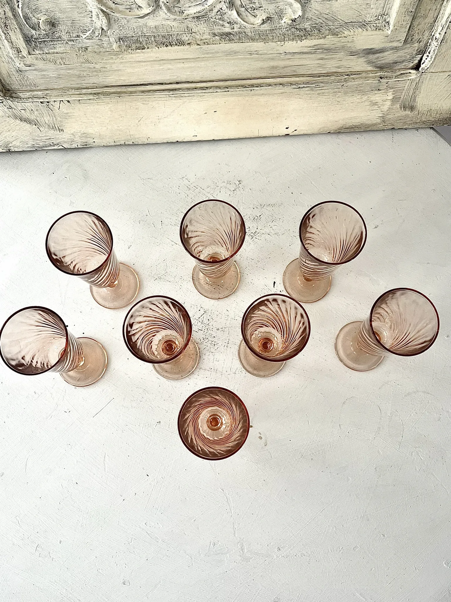 Champagne flutes pink set of 8, French swirl glass stemware rosaline