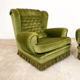 Set of two vintage original green velvet armchairs