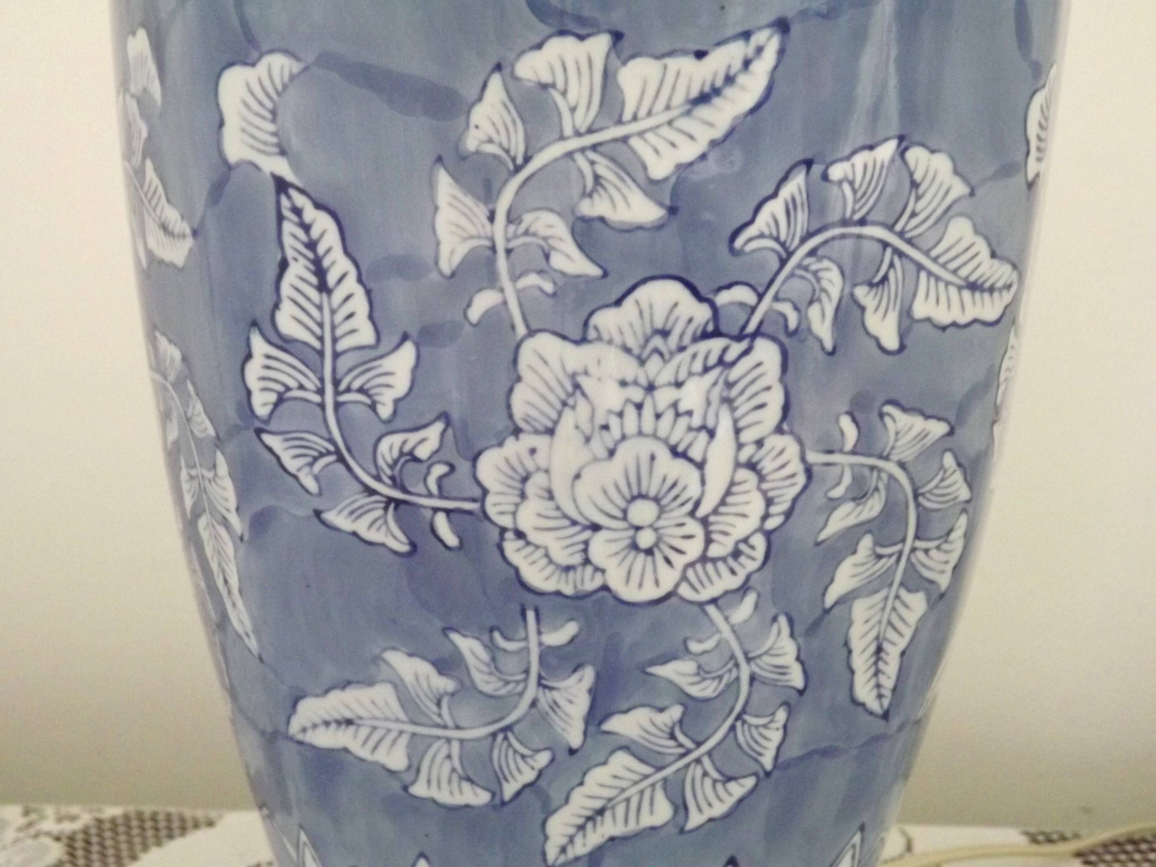 Tall Blue & White Oriental Style Ceramic Table Lamp with Floral Decoration
