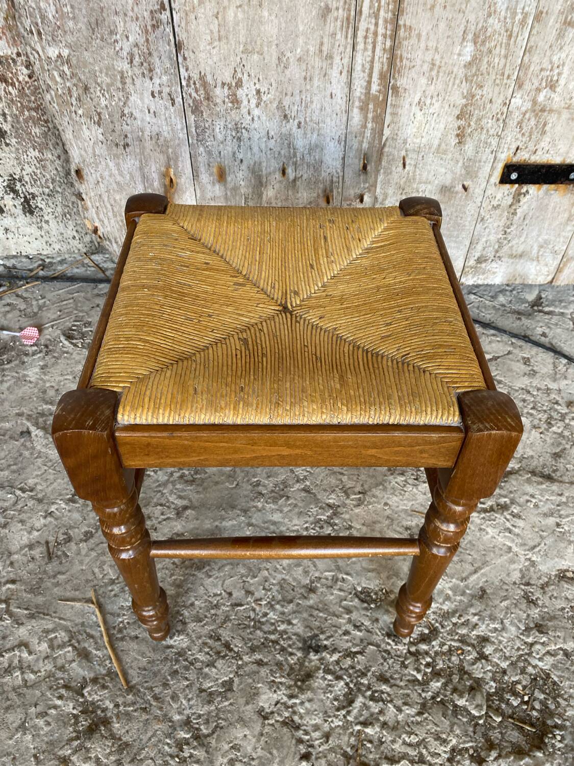 Vintage Turned Wood Stool + Woven Straw Seat #D893