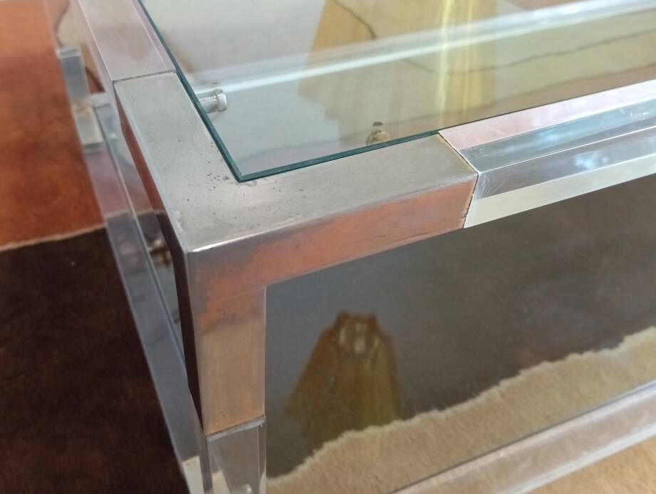 80s Lucite, Glass and Metal Coffee Table