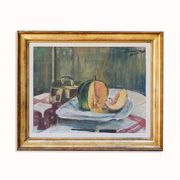 Set of oil paintings "Asparagus & eggs" and "Melon" by Alexandre Denonne