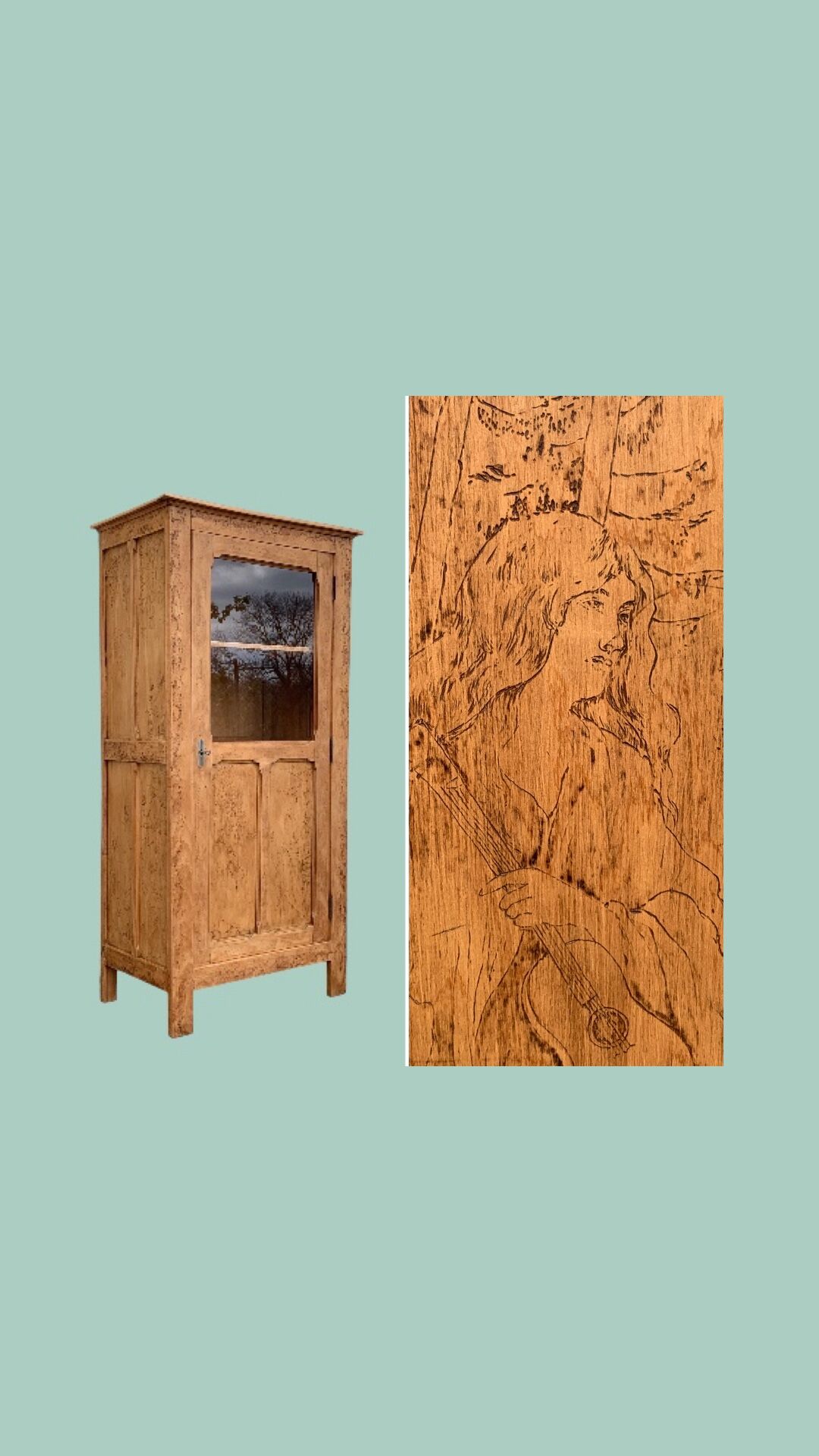 Parisian cabinet glazed raw wood nymphs and carved art nouveau decorations