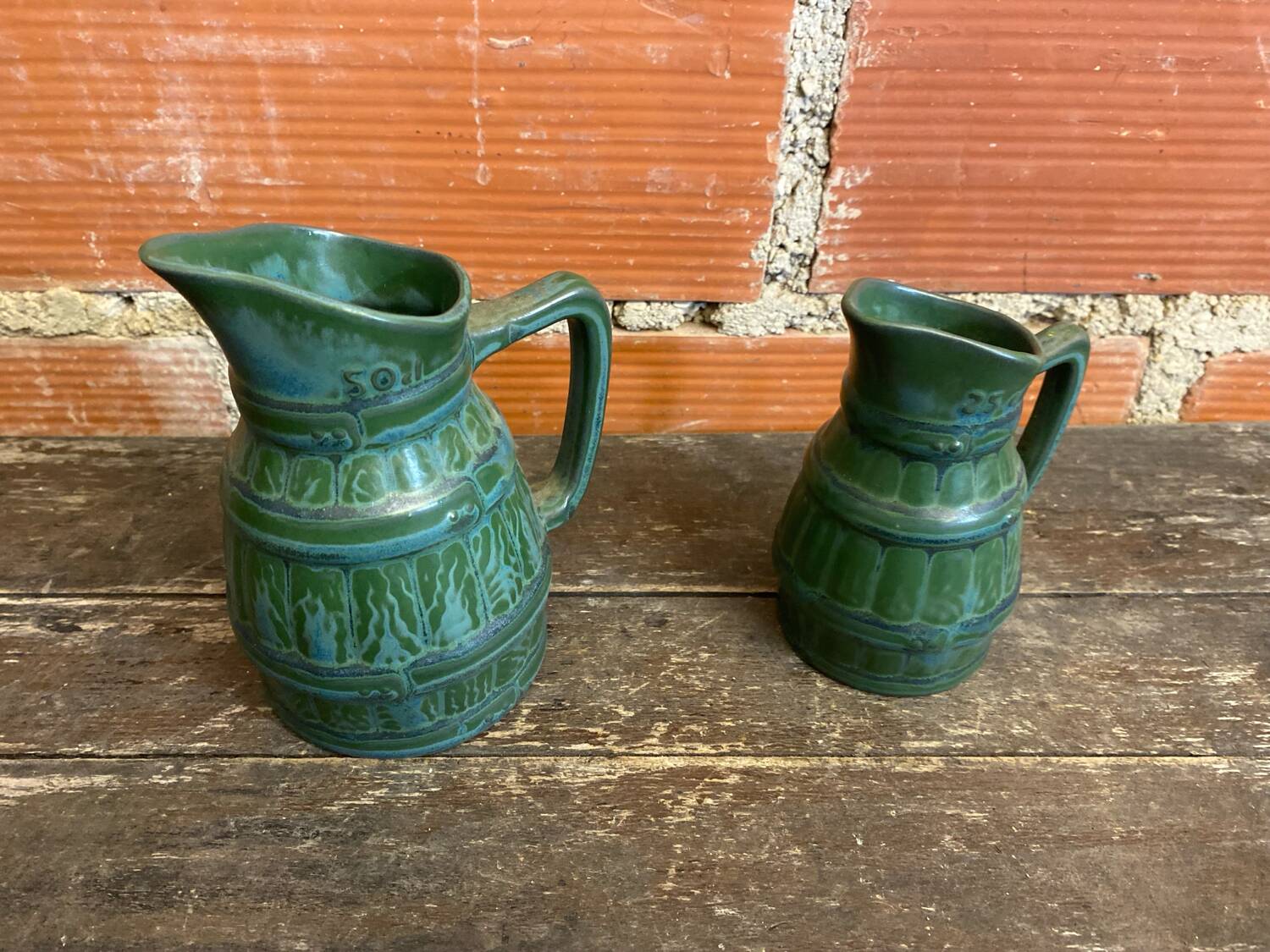 Pair of Vintage 70s Green Glazed Ceramic Barrel-Shaped Jugs
