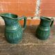 Pair of Vintage 70s Green Glazed Ceramic Barrel-Shaped Jugs