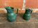 Pair of Vintage 70s Green Glazed Ceramic Barrel-Shaped Jugs