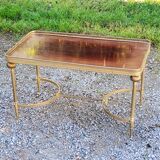 70s Neoclassical Style Coffee Table in Gilded Brass with Mahogany Veneer Top