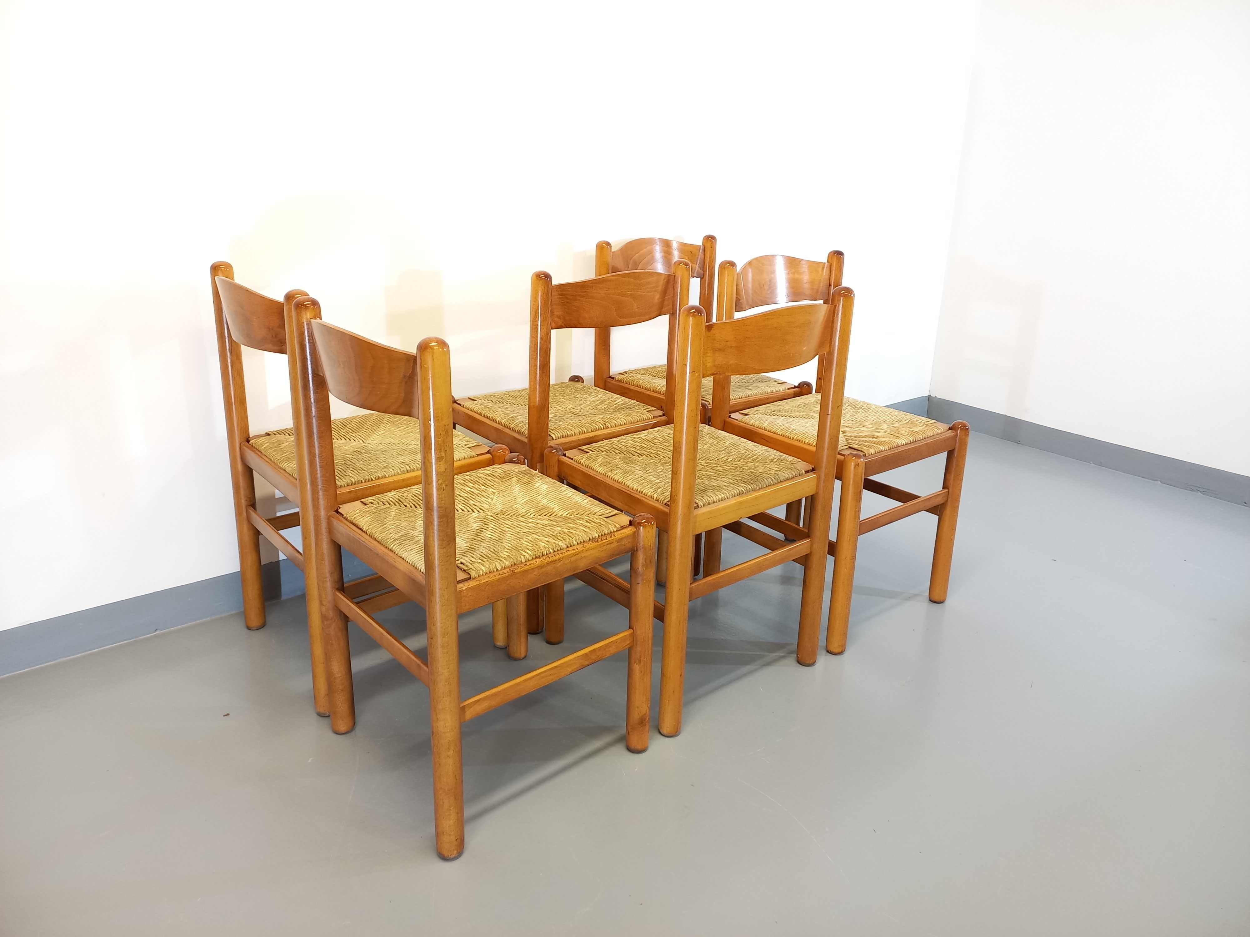 Suite of 6 vintage chairs in light wood and straw from the 70s 80s