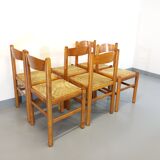 Suite of 6 vintage chairs in light wood and straw from the 70s 80s