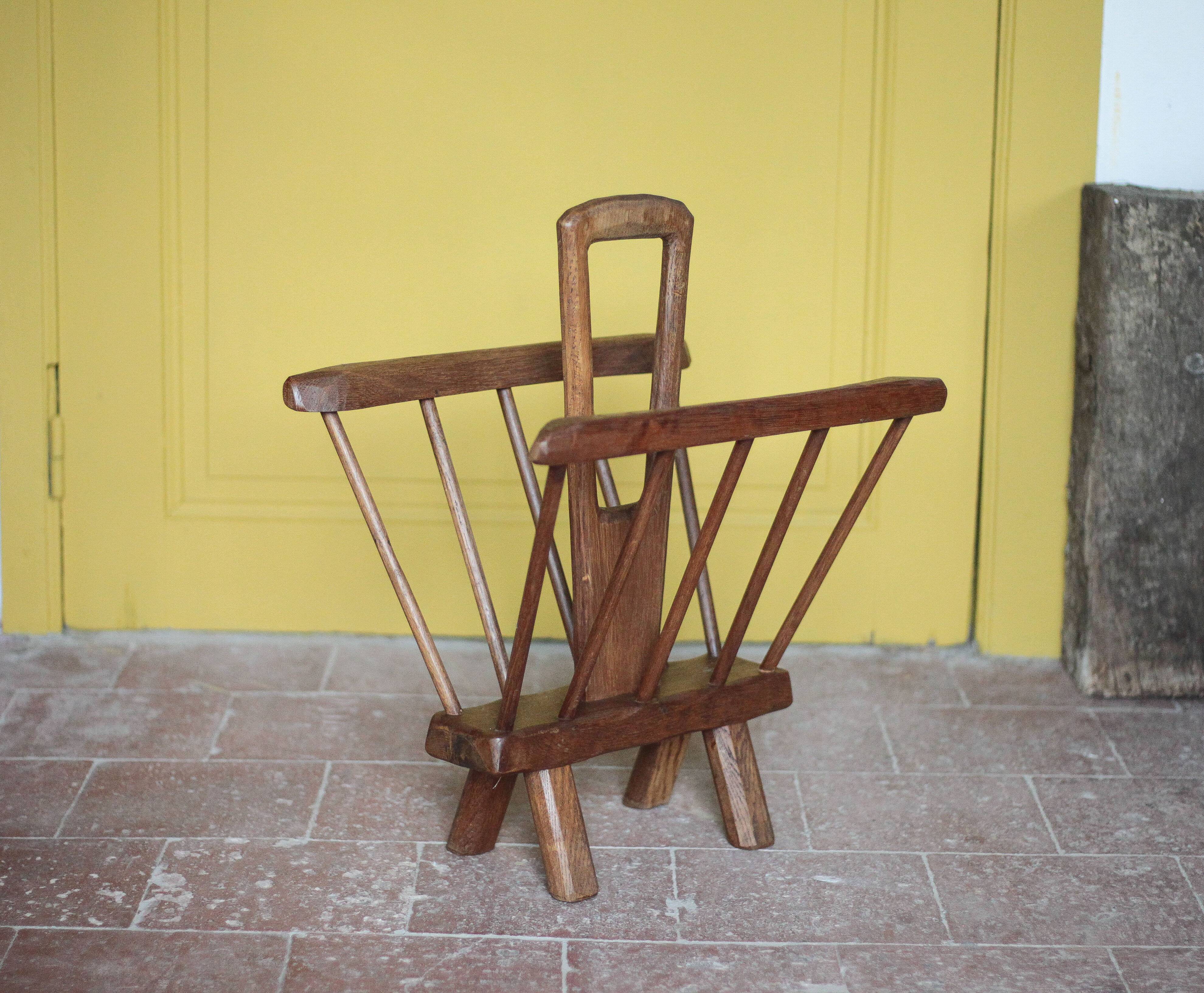 Vintage brutalist wooden magazine rack, magazine holder, newspaper, magazine.