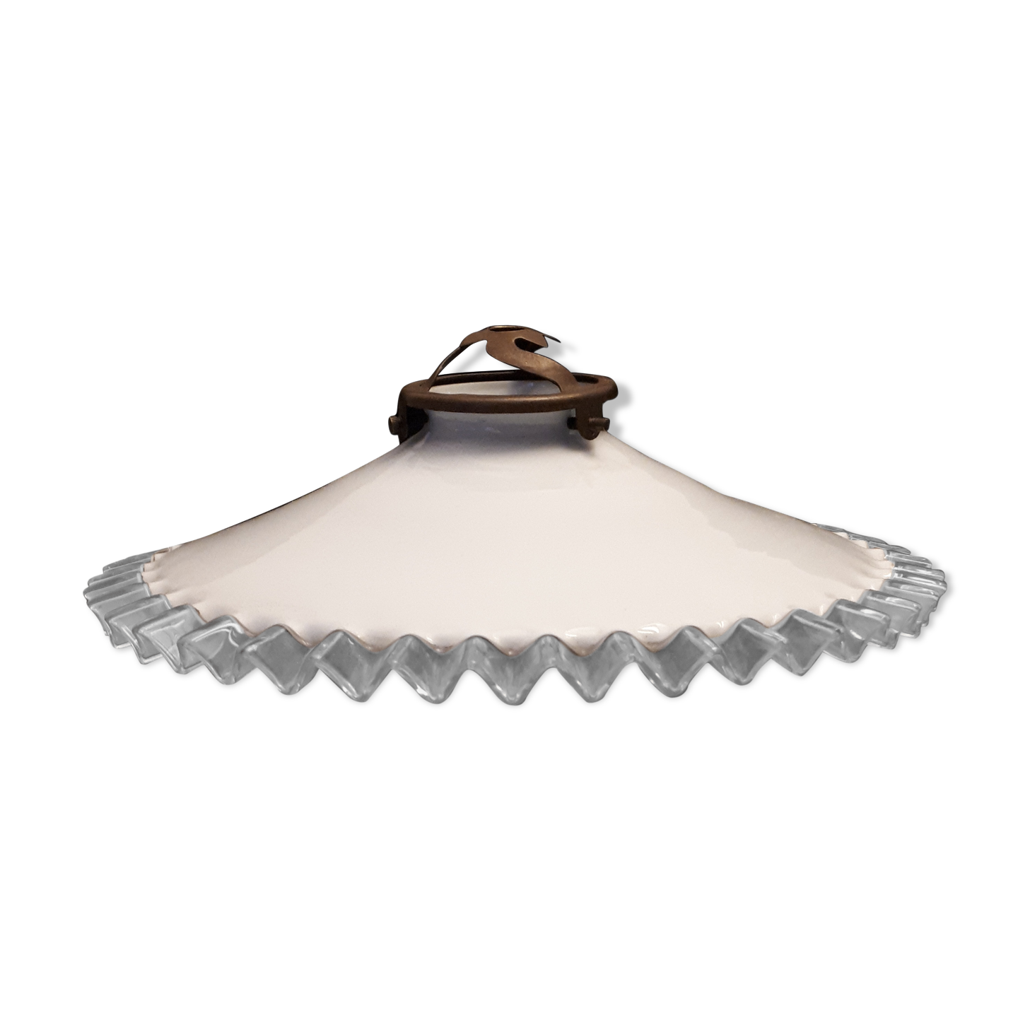 White opaline glass hanging lamp ruffle transparent vintage 1940/1950