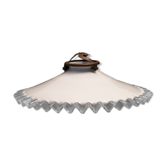White opaline glass hanging lamp ruffle transparent vintage 1940/1950
