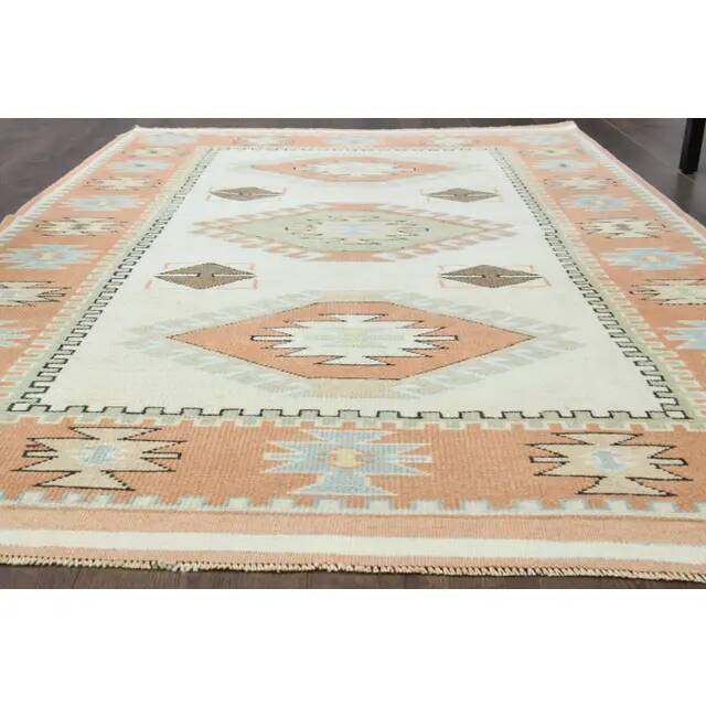 1970s vintage Turkish Oushak handmade wool cotton beige area rug 127x186