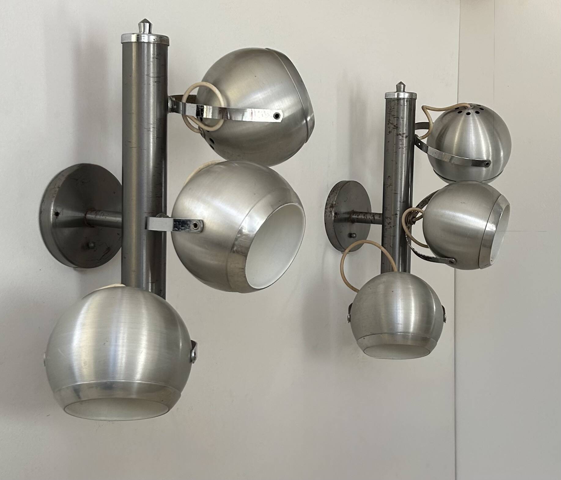 Pair of vintage adjustable wall lights, chrome and brushed metal, France 1970
