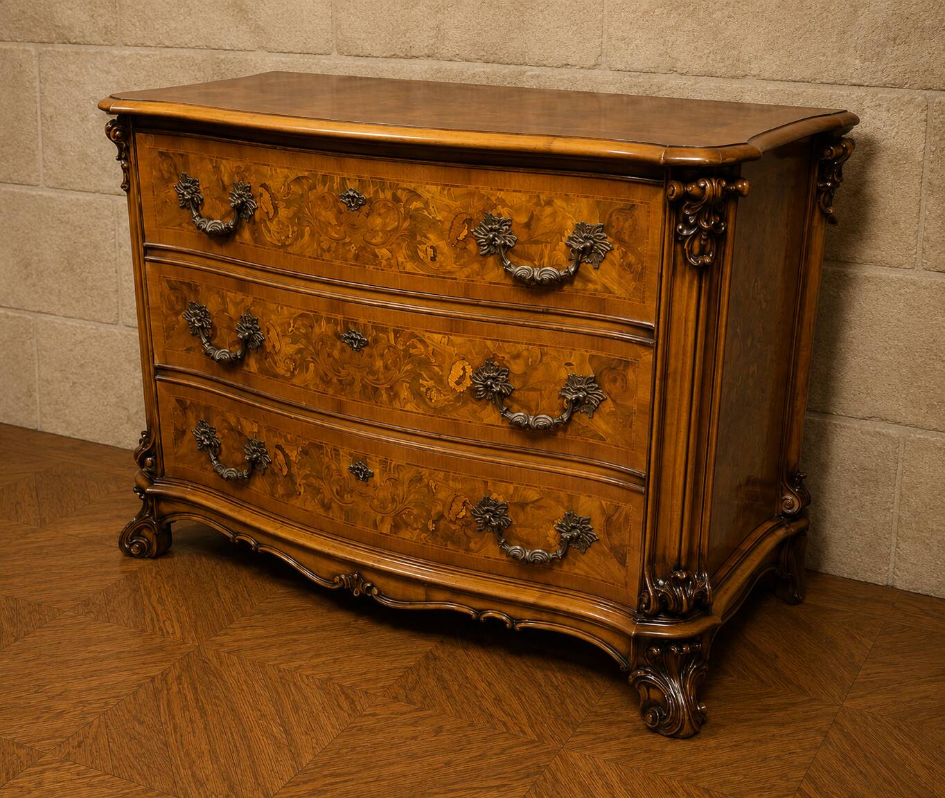 Commode galbée en marqueterie de noyer – Style Louis XV
