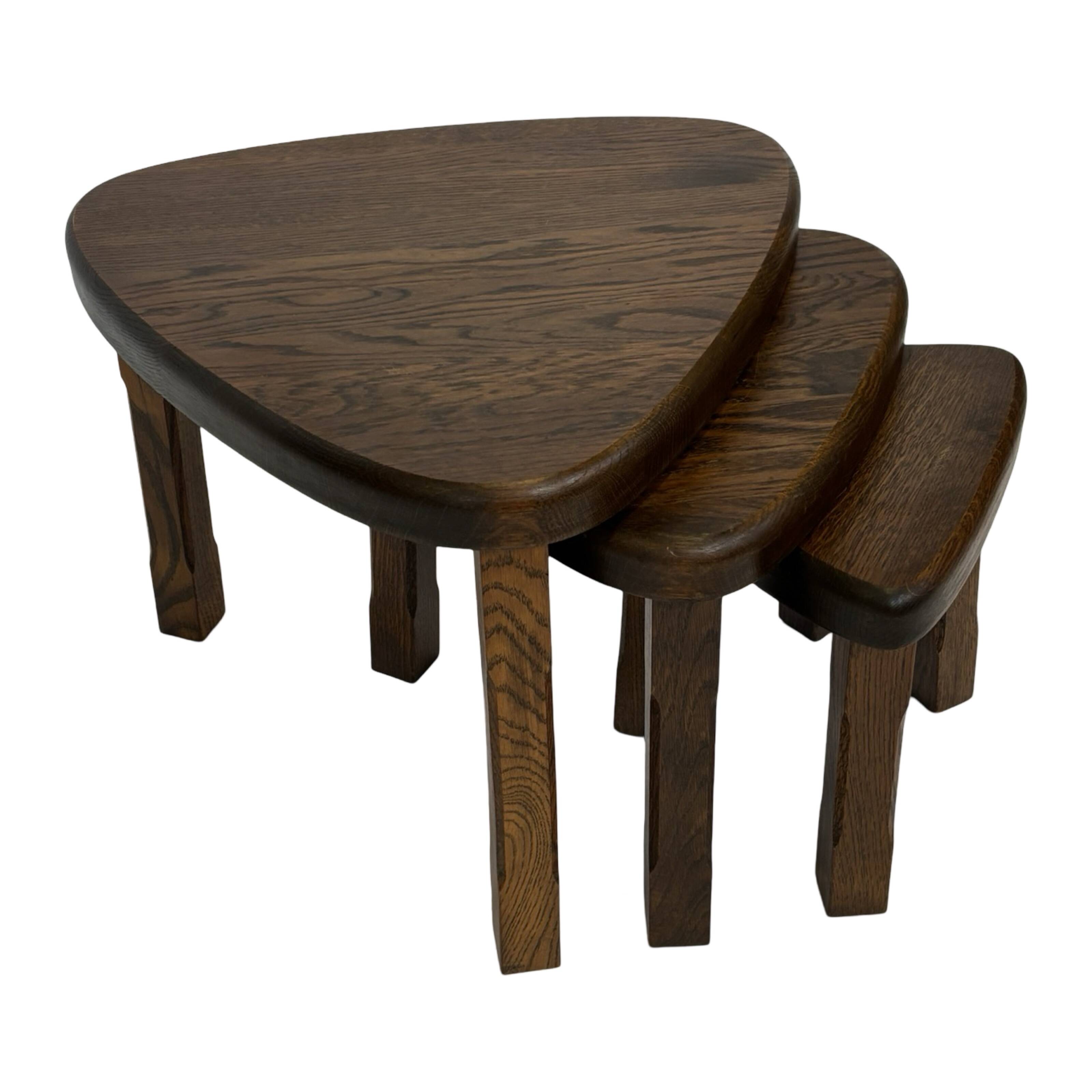 Set of 3 brutalist oak oval side or nesting tables minimalist design 1970s
