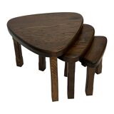 Lot de 3 tables d'appoint ou gigognes ovales brutalistes en chêne au design minimaliste des années 1970