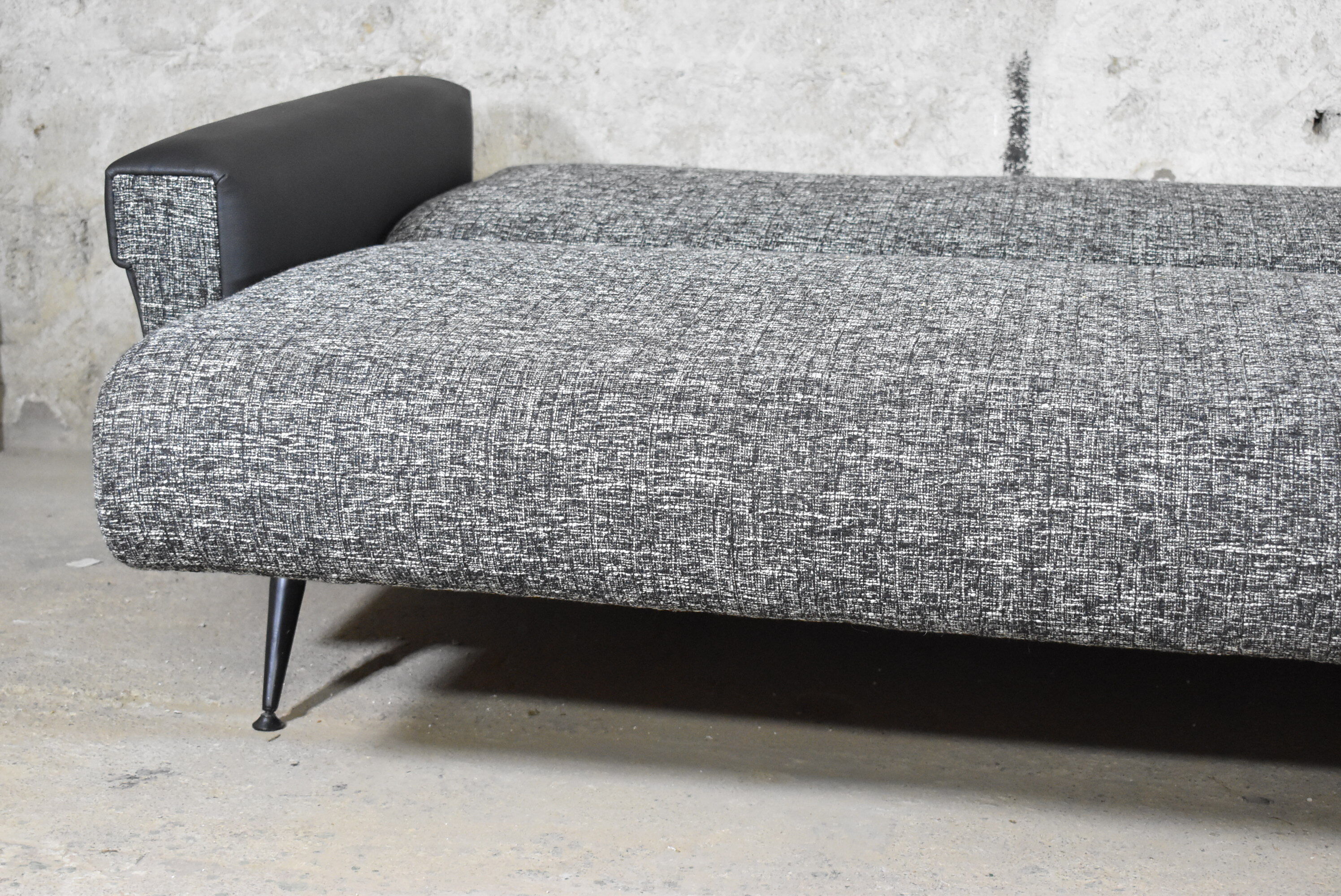 Restored couch, 60s, black and white fabric, black leather