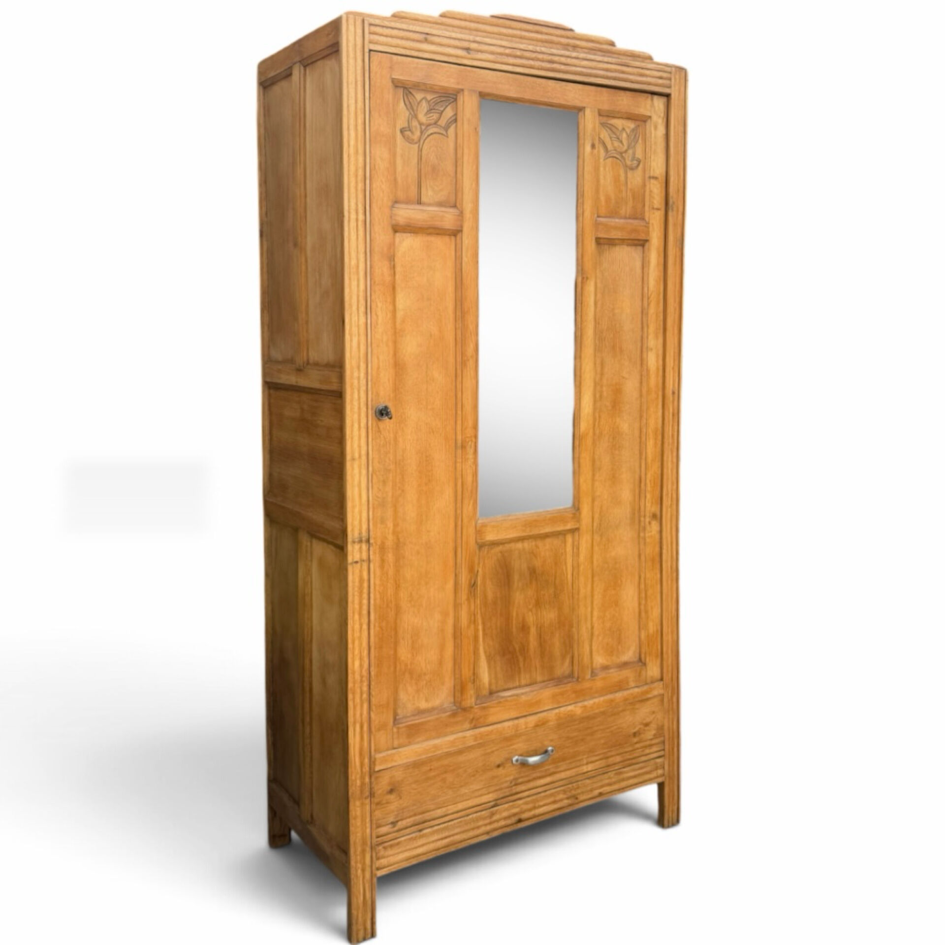 Parisian Art Deco wardrobe in raw oak, renovated.