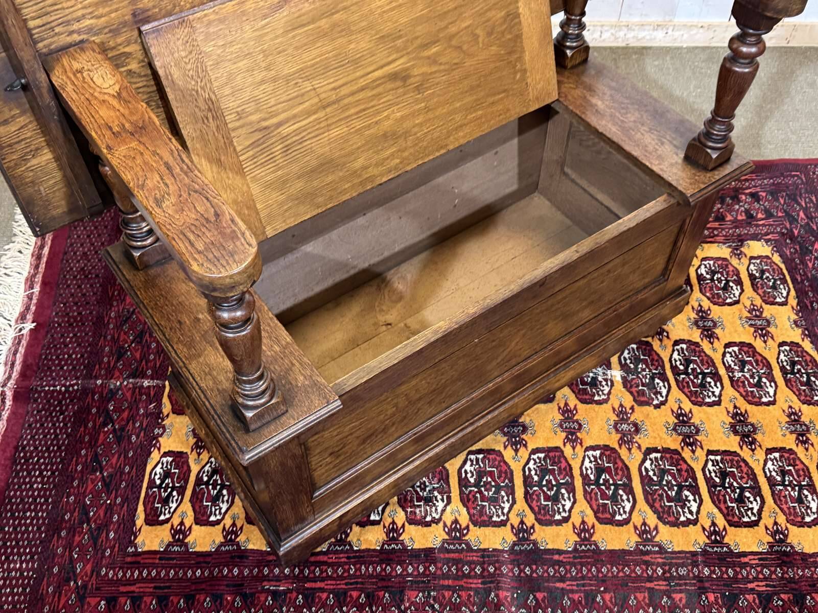 English oak bank safe from the 1930s that can serve as a console.