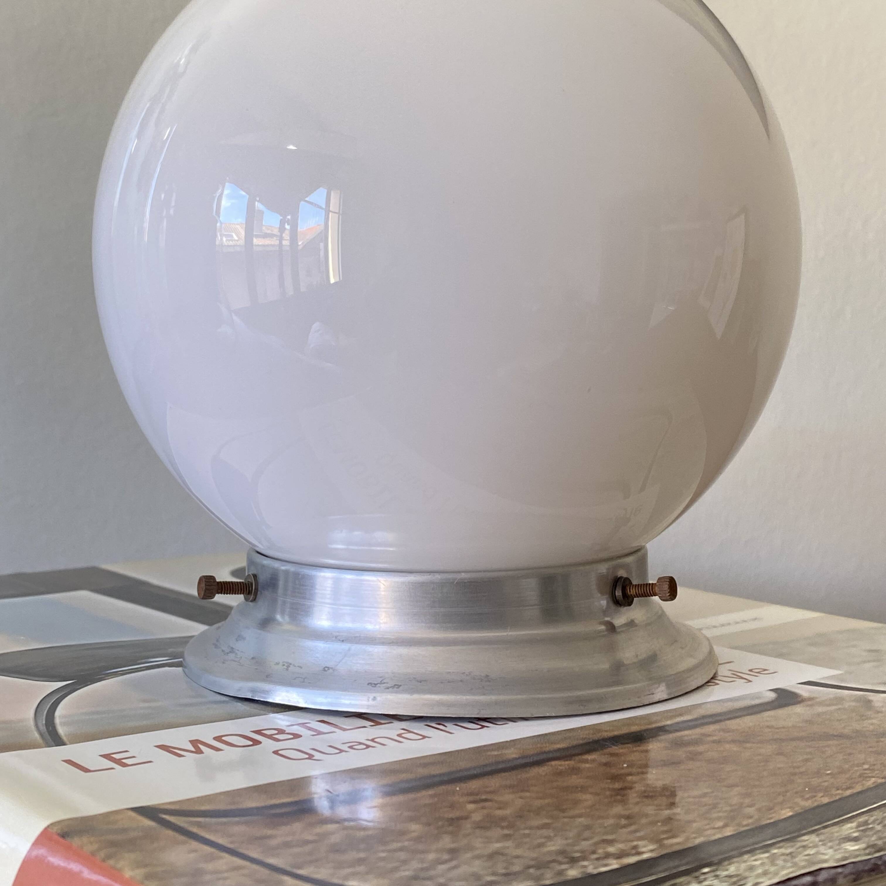 Ceiling light or wall light with white opaline glass globe, 15 cm, aluminium rose.