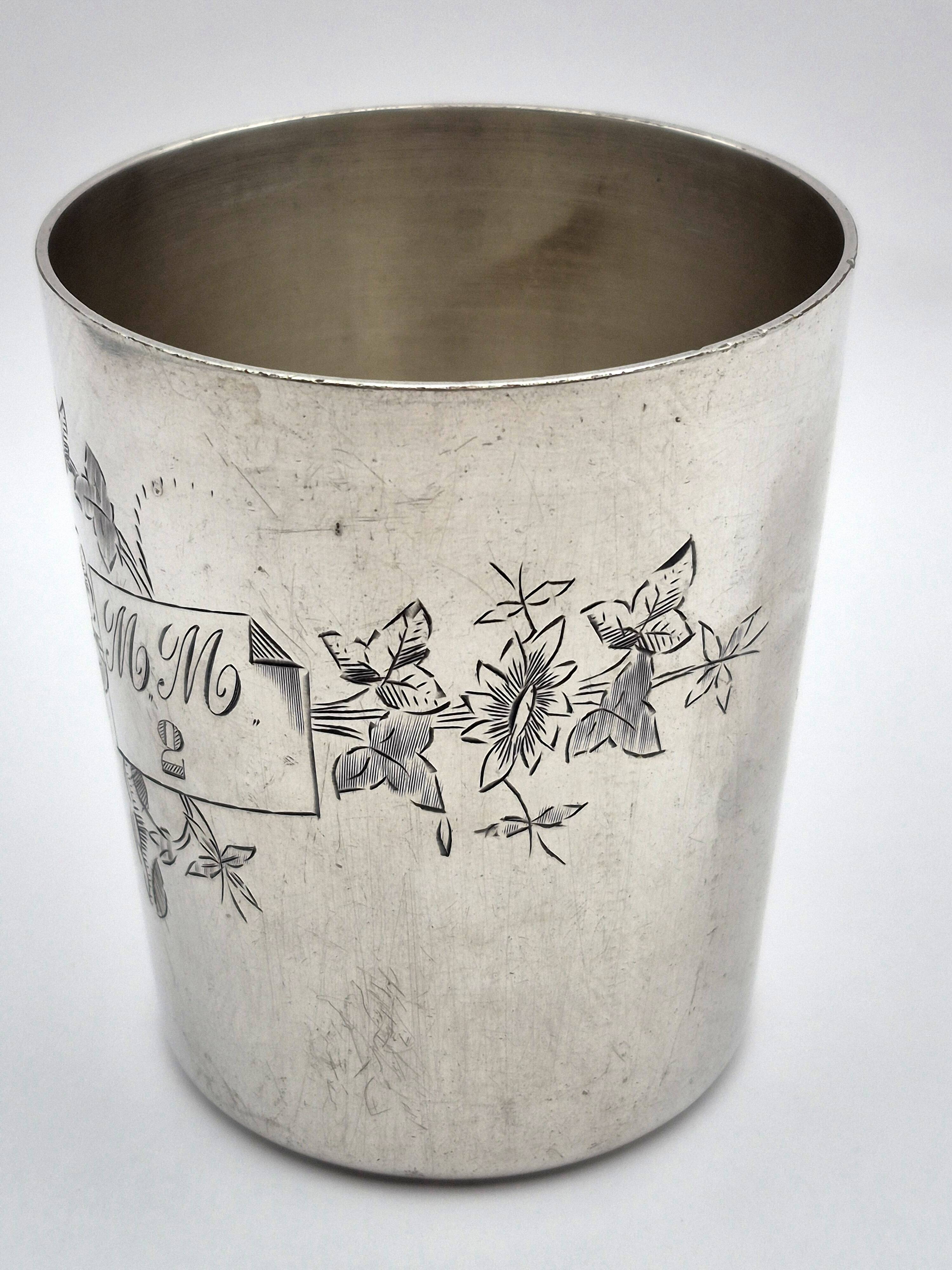 Ercuis silver-plated timbale, engraved floral decoration and monogram m.m – a23