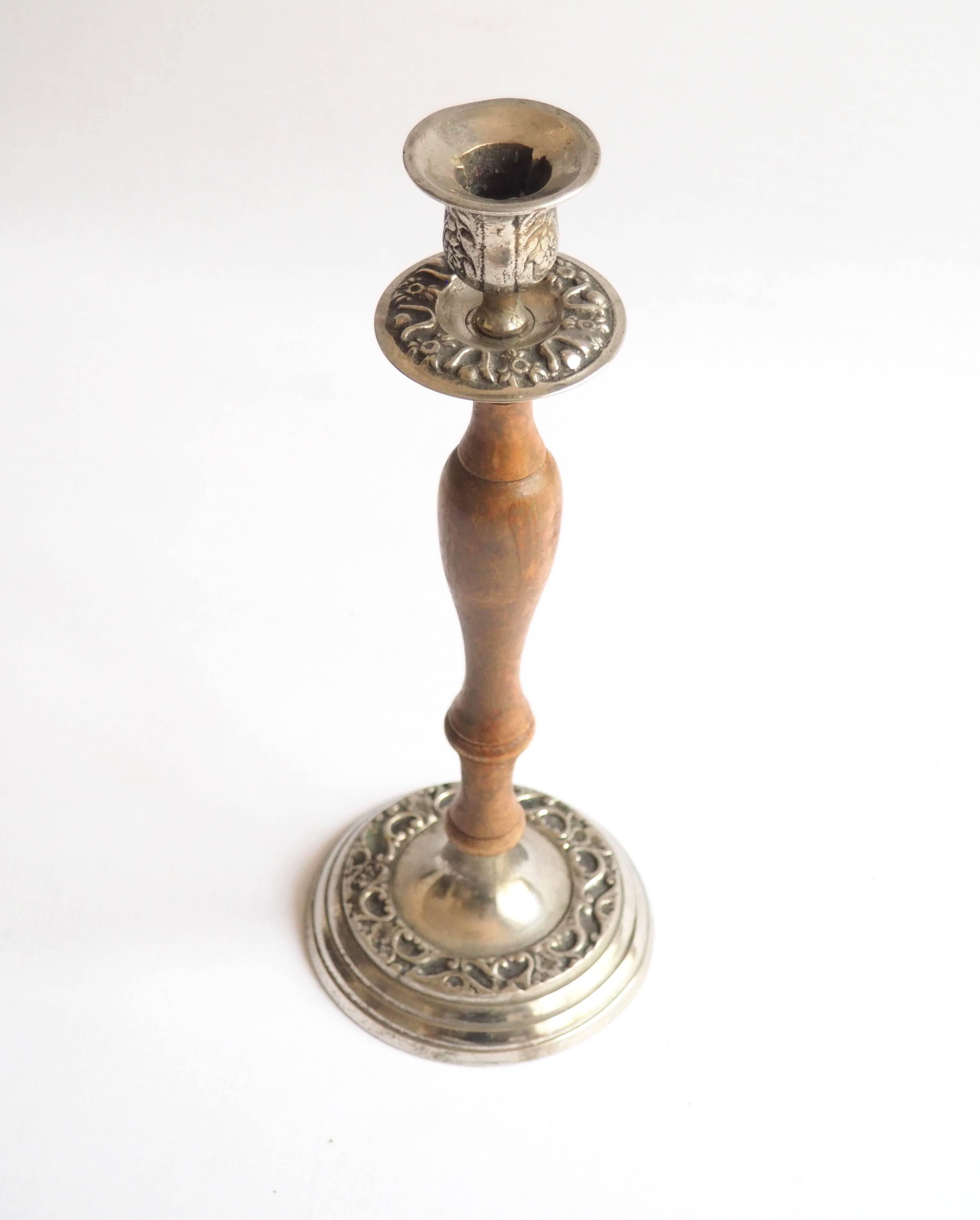 Sculpted wood and metal candle holder