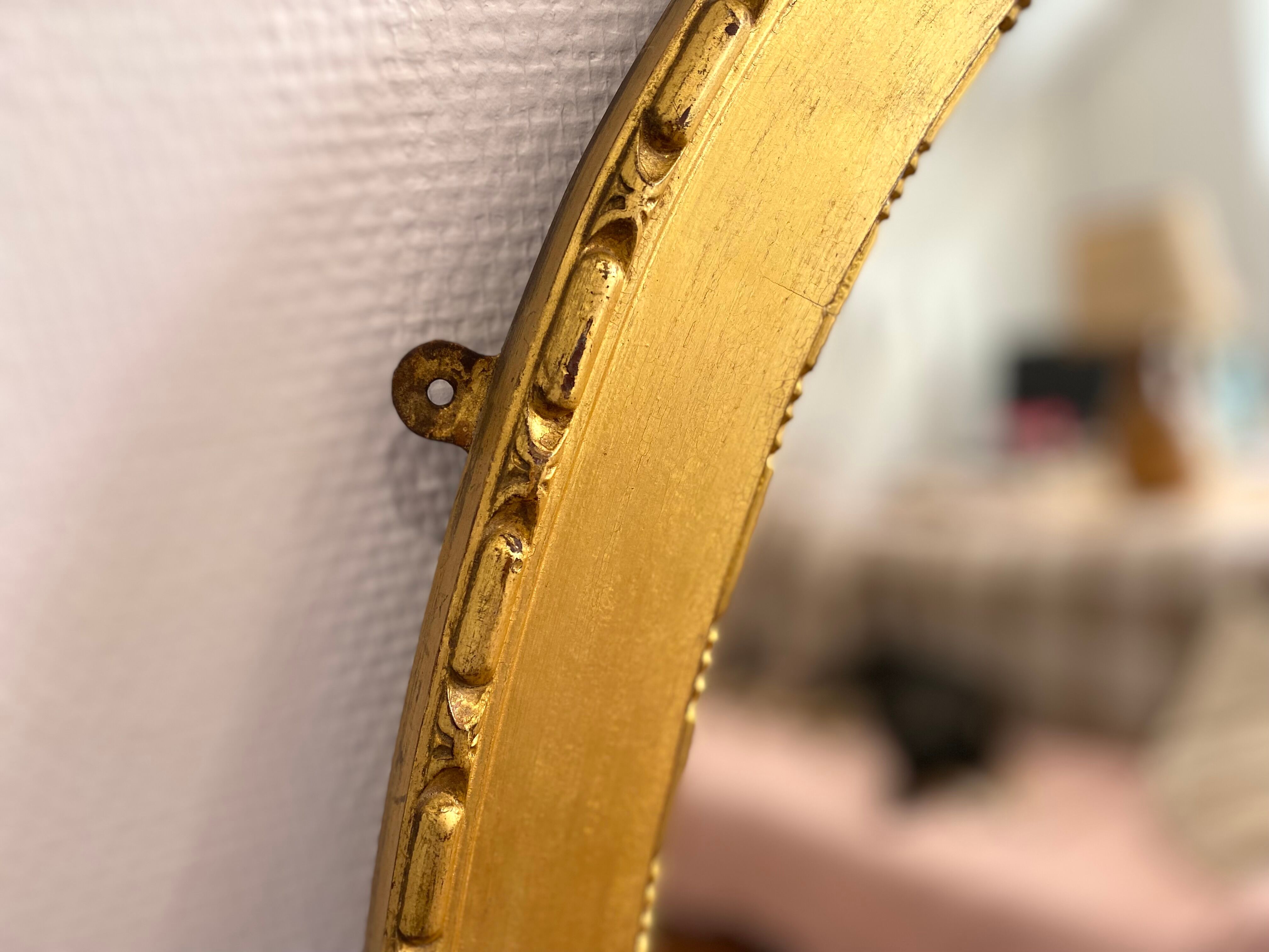 XXth oval mirror, gilded wood trumeau, beveled ice, vintage medallion mirror