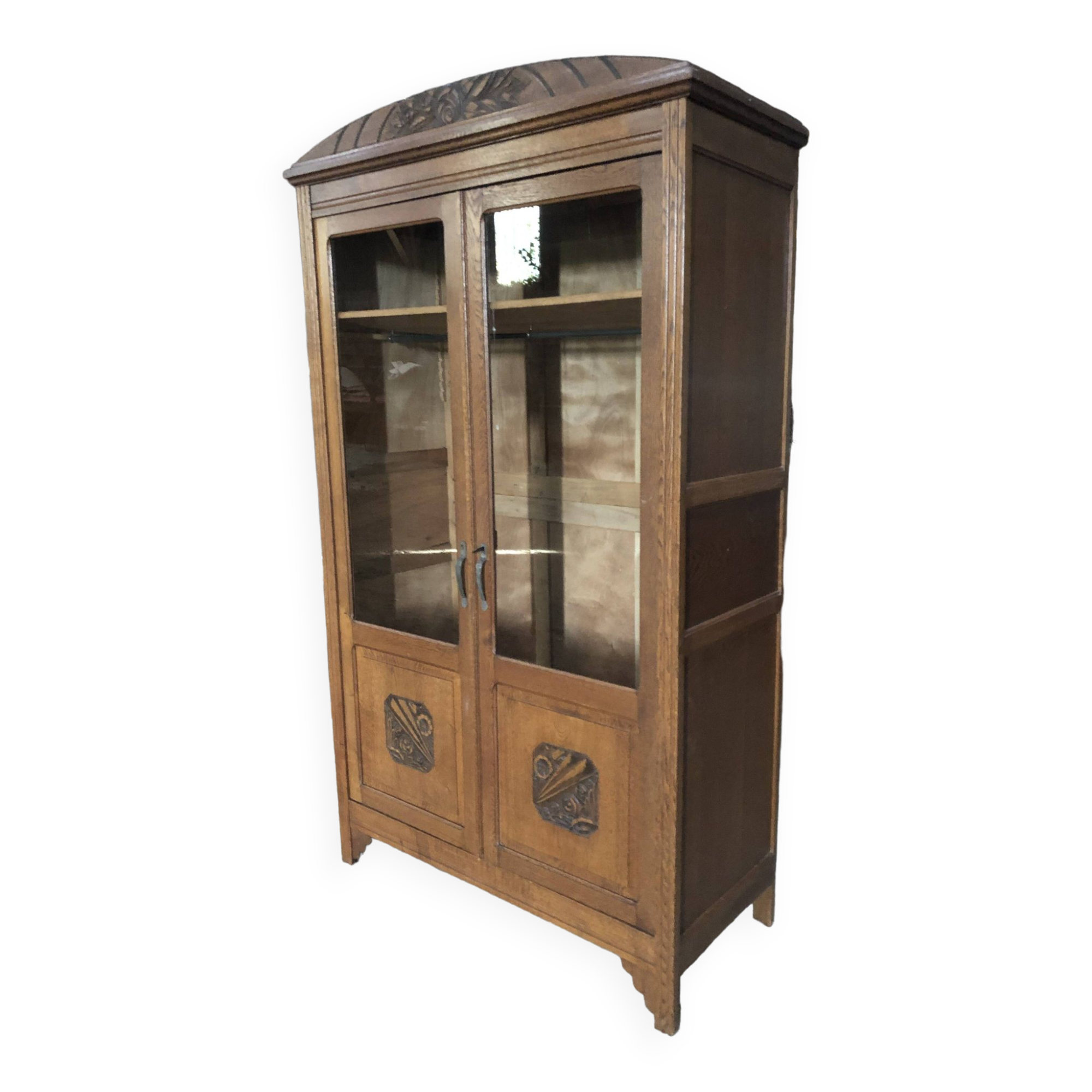 Vintage rococo oak bookcase with 2 glass doors.