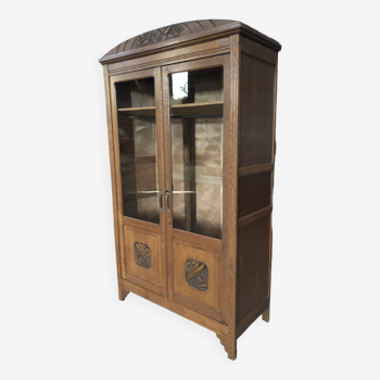 Vintage rococo oak bookcase with 2 glass doors.