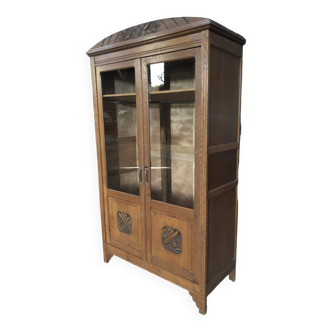 Vintage rococo oak bookcase with 2 glass doors.