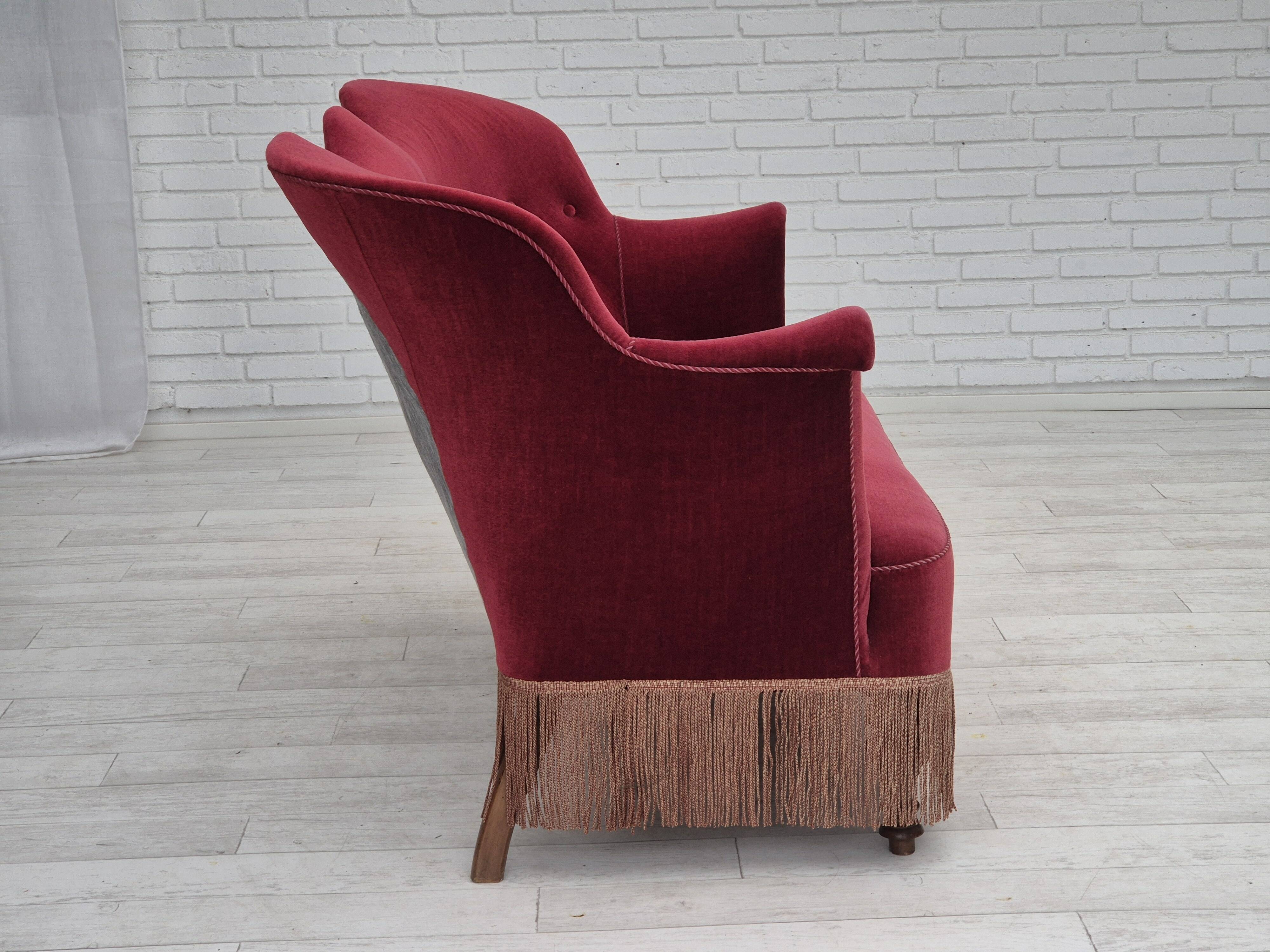 1950s, Danish 2-seater sofa, cherry-red furniture velour, ash wood.
