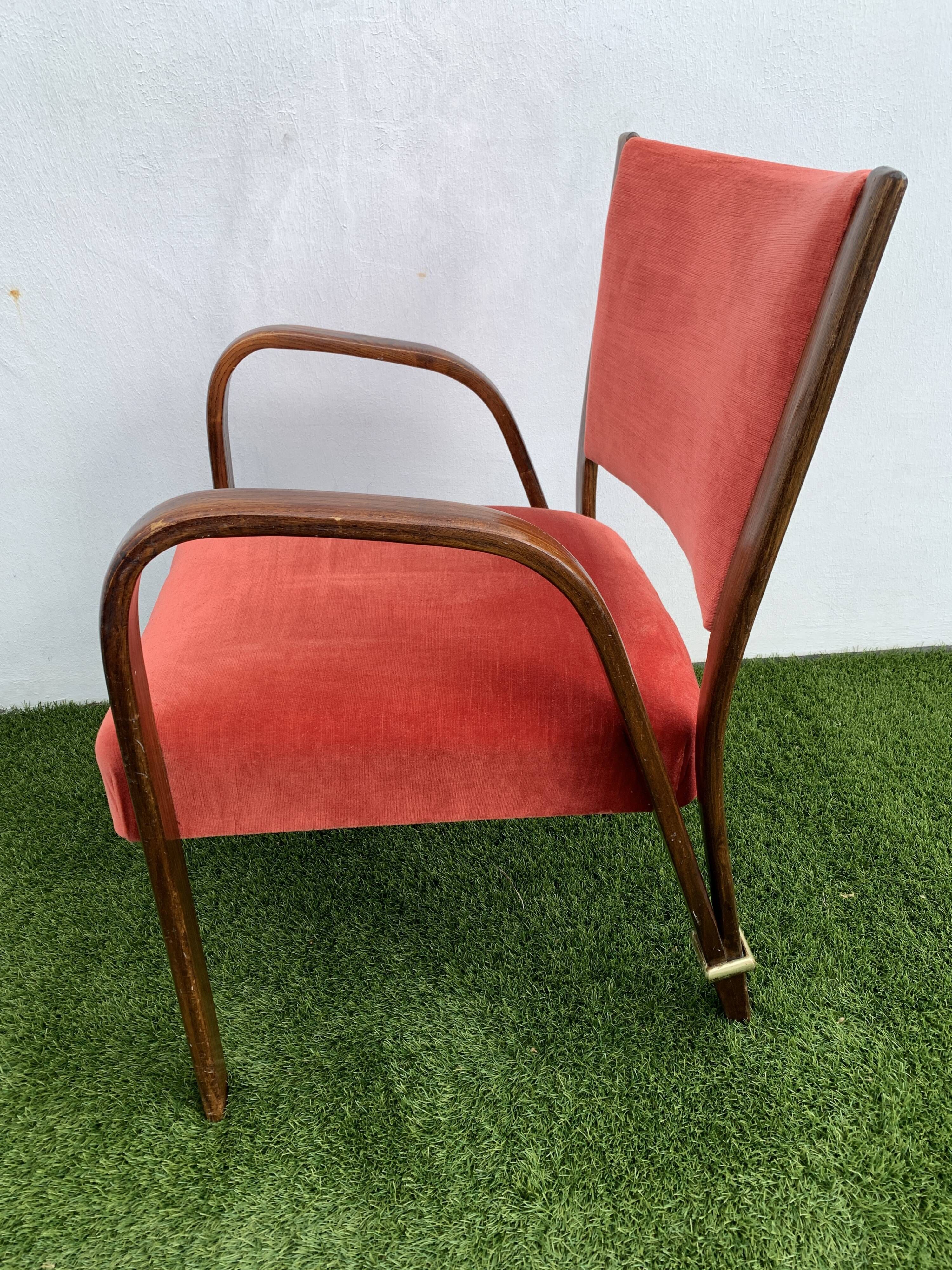 Hugues Steiner armchair, bow-wood model, curved wood and velvet, 1950