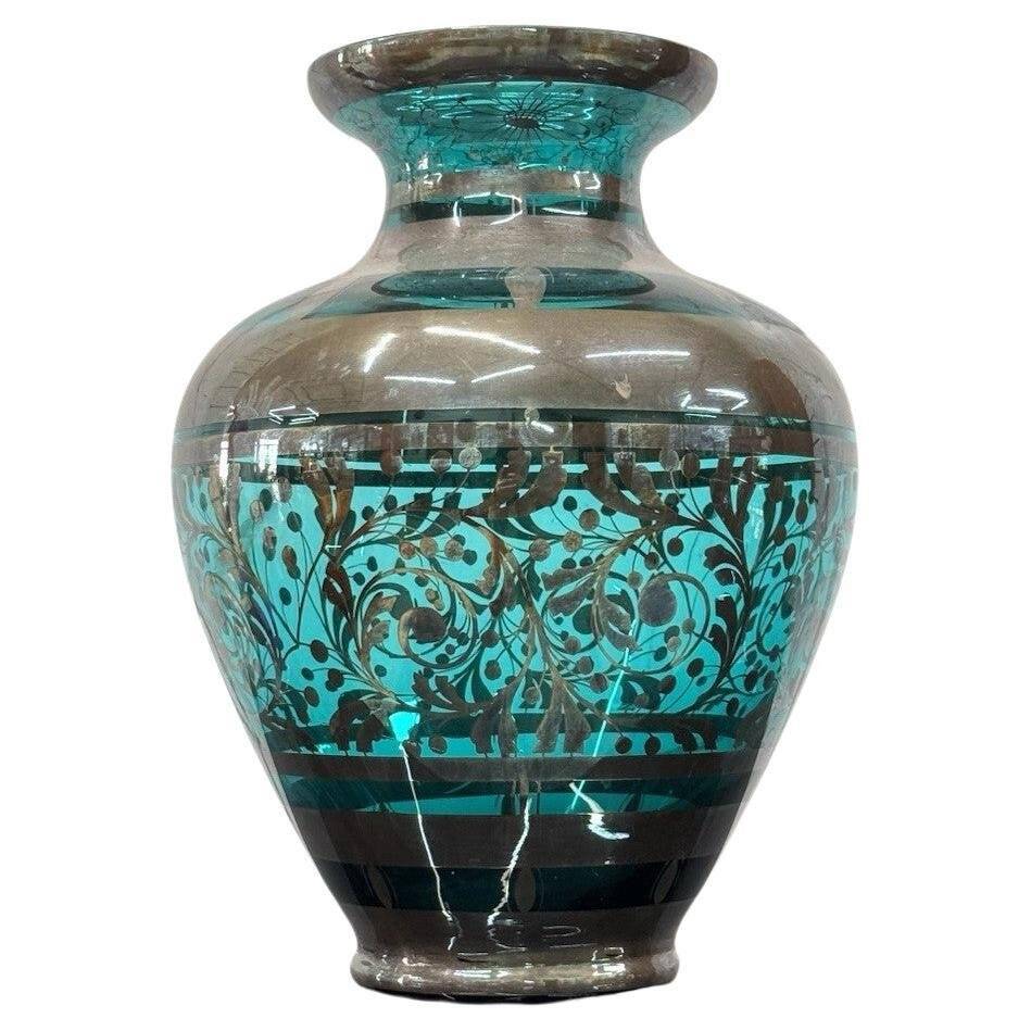 American Art Deco Vase in Glass and Silver Overlay, 1930s