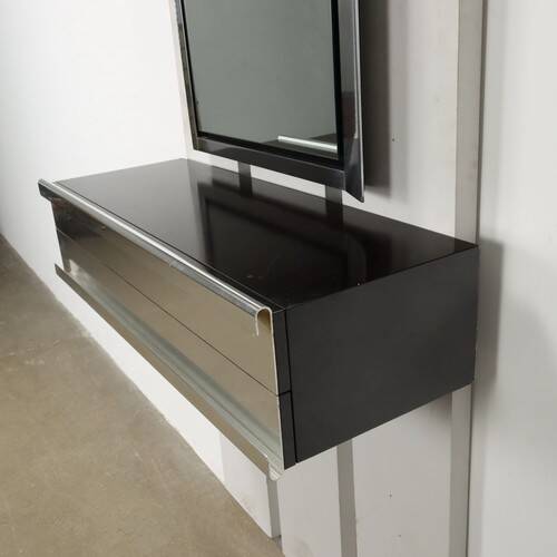 Vintage wooden console table with aluminum mirror, Italy, 1970s, original